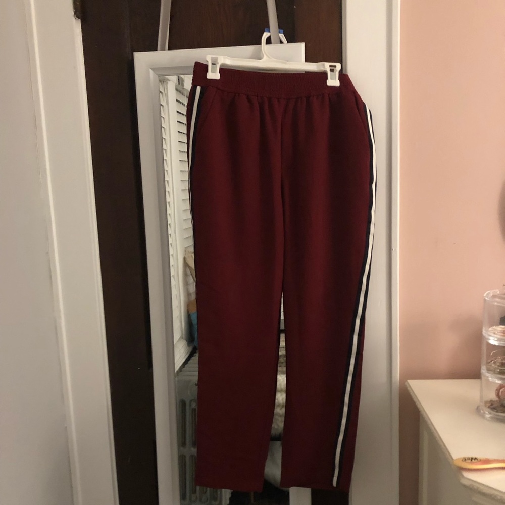 maroon track pants